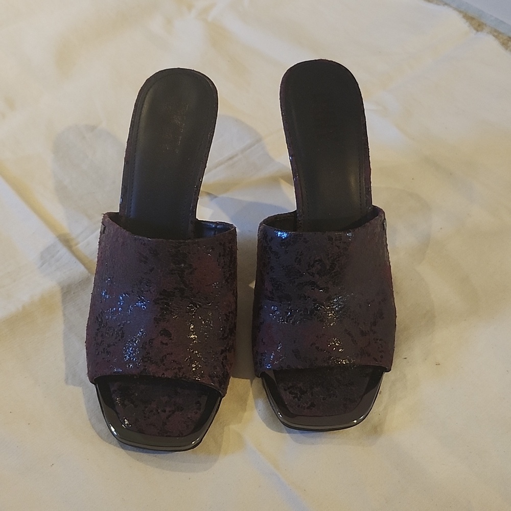 DKNY leather woman open square toe fashion purple pump sandal mule heel 3.54"